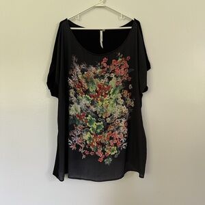 Bellatrix Shirt 2X Black Sheer Layered Loose Fit Wide Neck Elegant Flowy